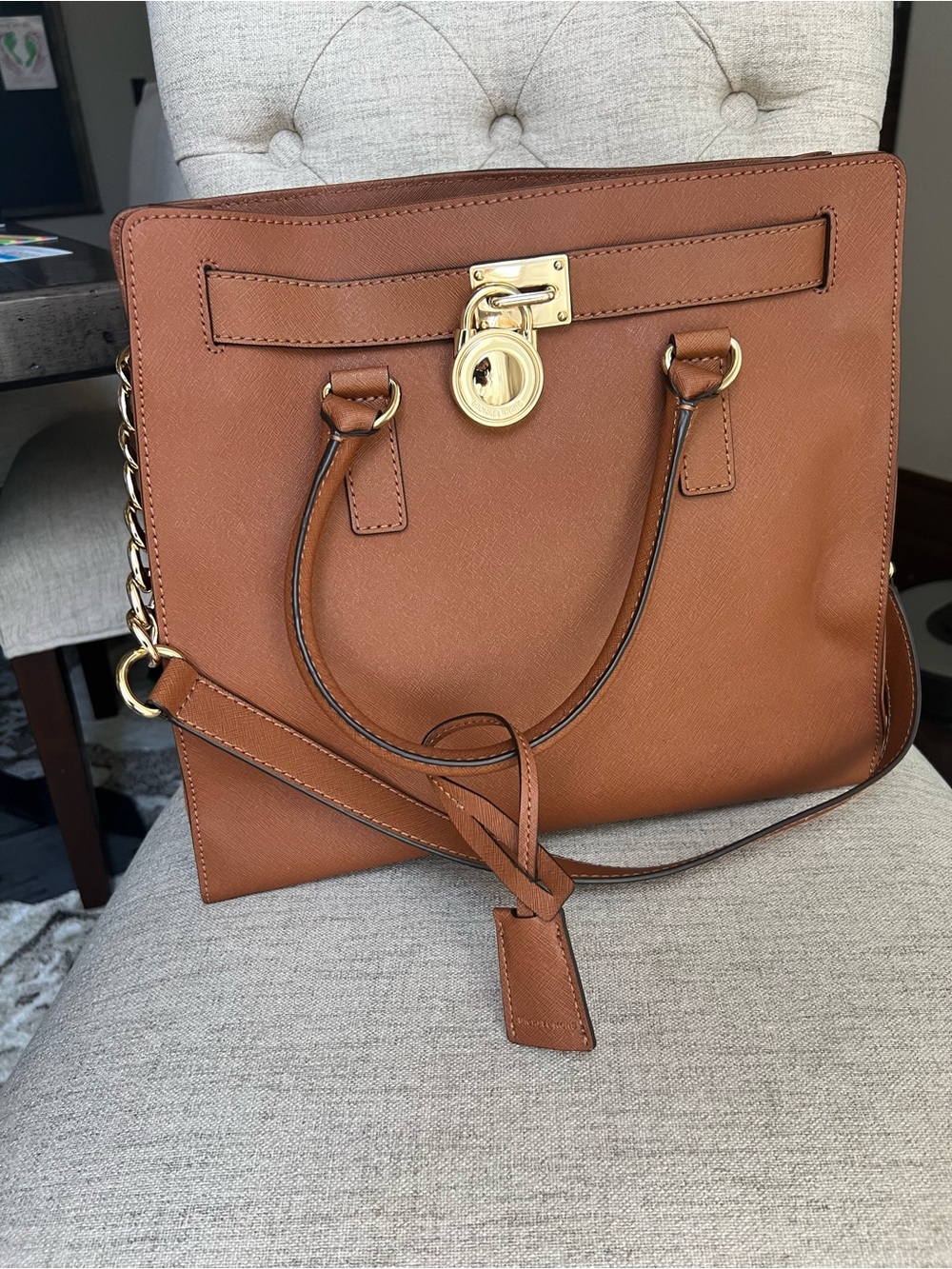 Michael Kors Brown Saffiano Leather Tote with Gold Hardware